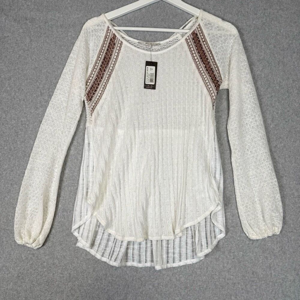 Miss Me Womens Size XS Pullover Top Cream Semi Sheer Long Sleeve Ribbed NWT